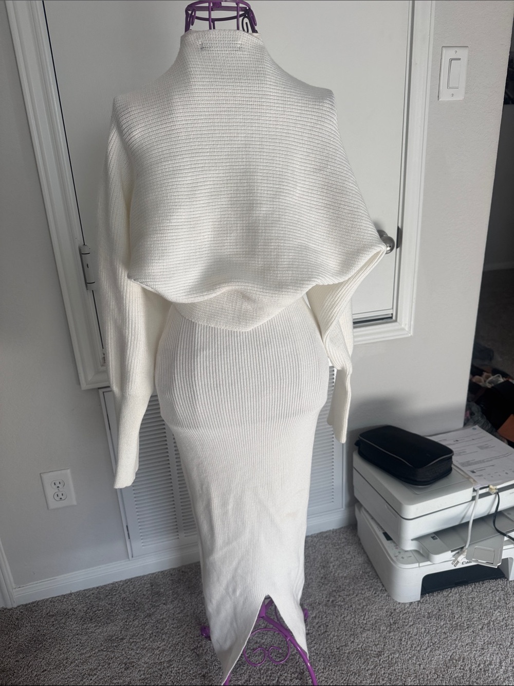 PrettyGarden White Ribbed Turtleneck Maxi Dress with jacket Shrug - Picture 4 of 6